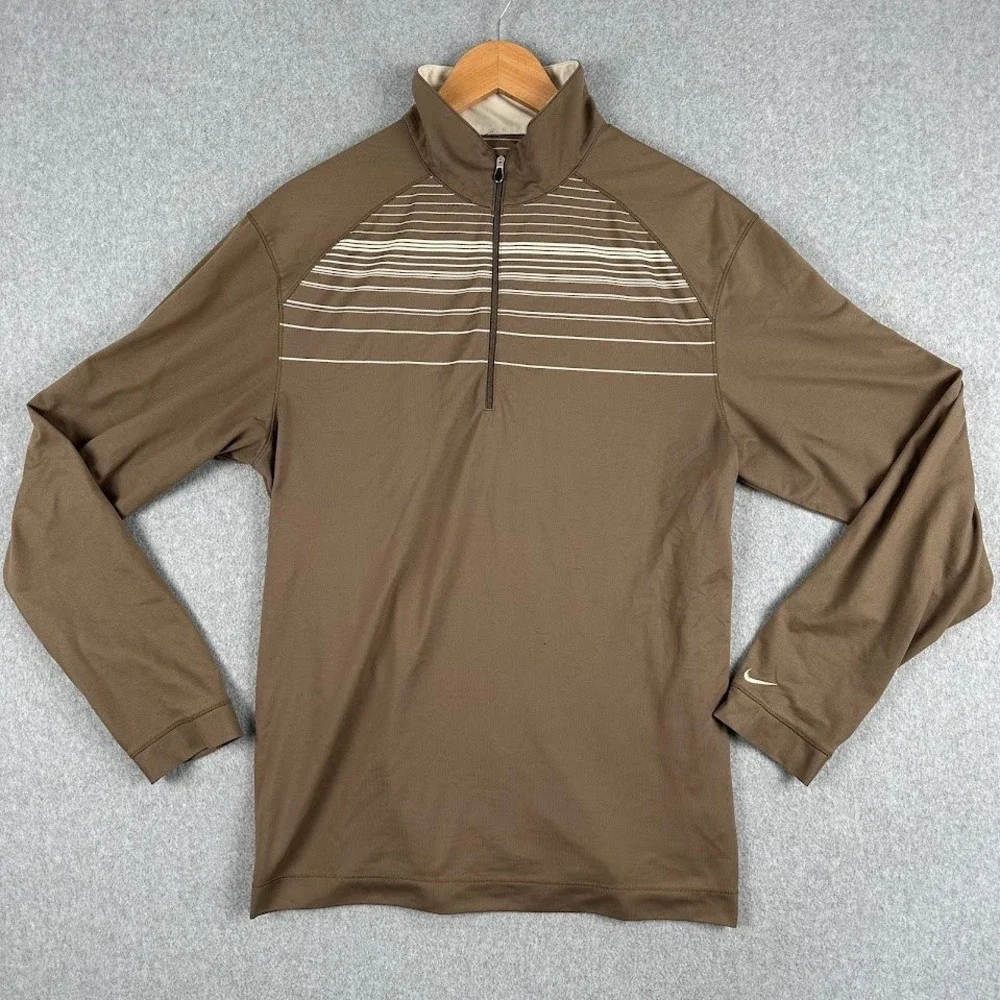 Nike Golf Dri FIT Quarter Zip Pullover Long Sleeve Shirt Men Medium Brown Stripe